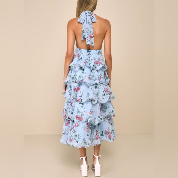 Lulus Light Blue Floral Tiered Halter Midi Dress Small Wedding Guest Coquette - Picture 2 of 8
